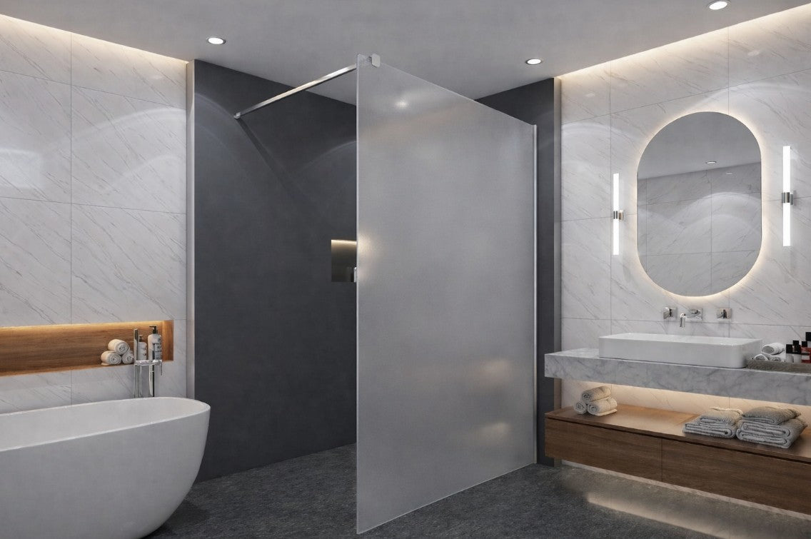 Walk-in shower screen, frosted (milk glass) – 10mm tempered safety glass | Opaque & profiles in 4 colors