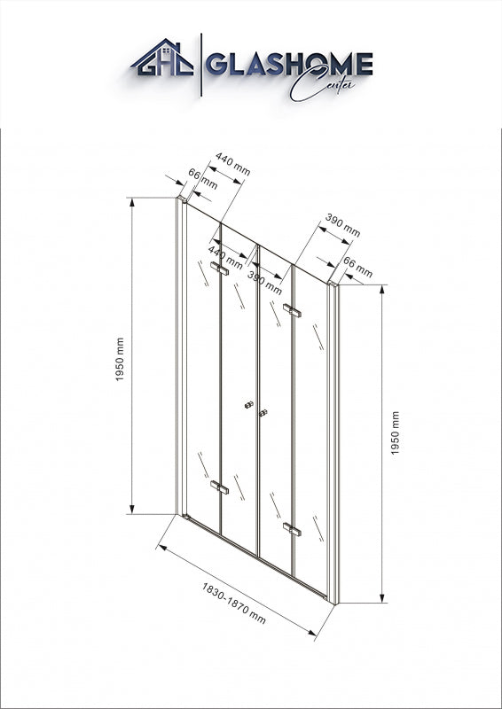 Installationsskizze XXL Nischendusche 185 cm breit – Modell Ohio Faltbar