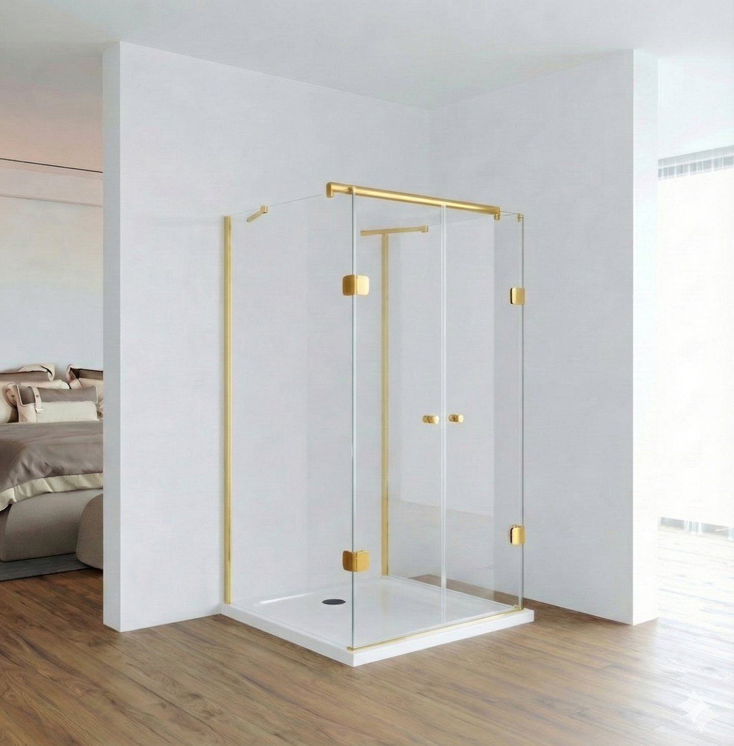 U-Form Duschkabine Asuka mit goldenen Profilen und Beschlägen