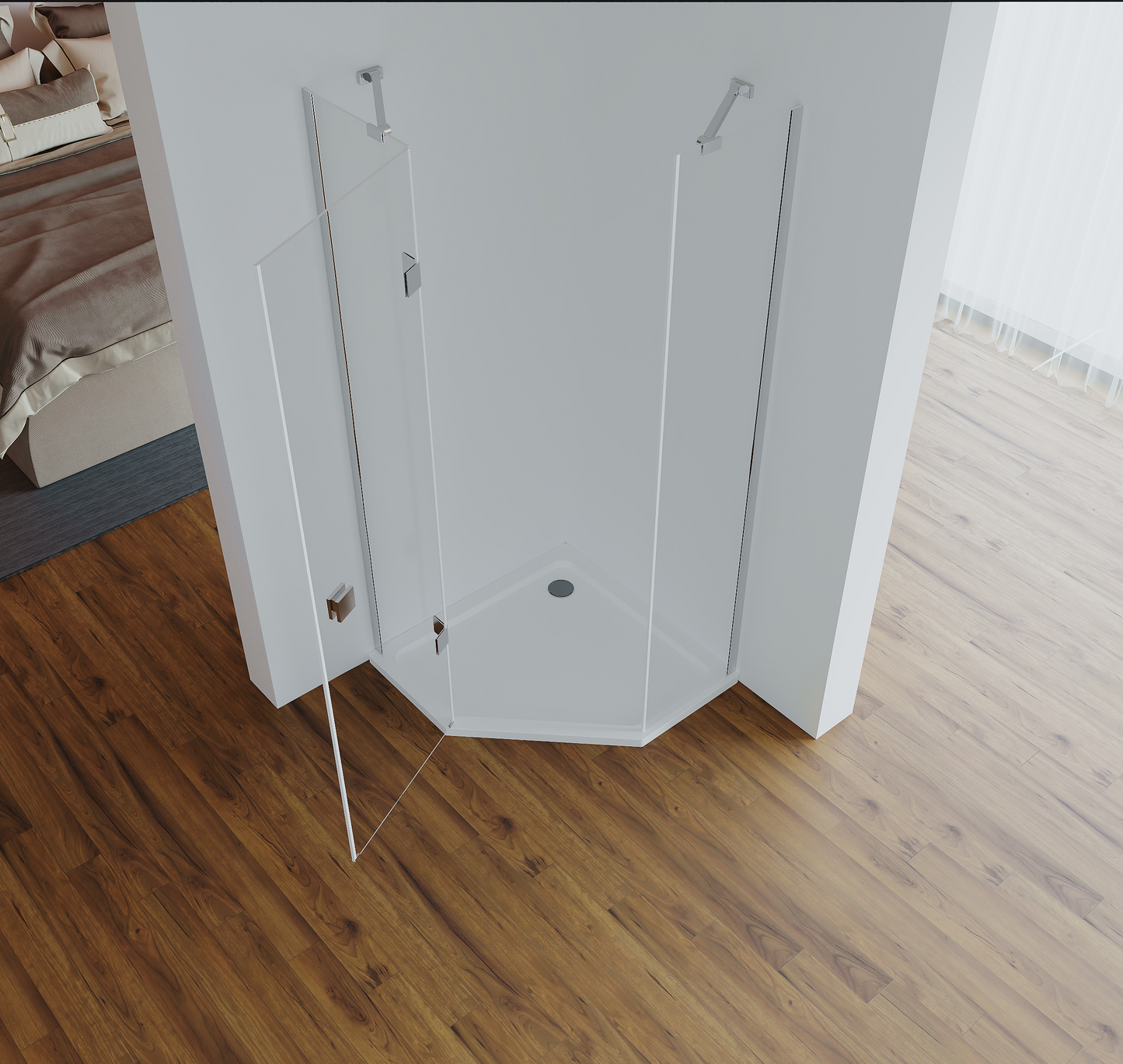 Geöffnete Duschtür Cho mit komfortablem Einstieg