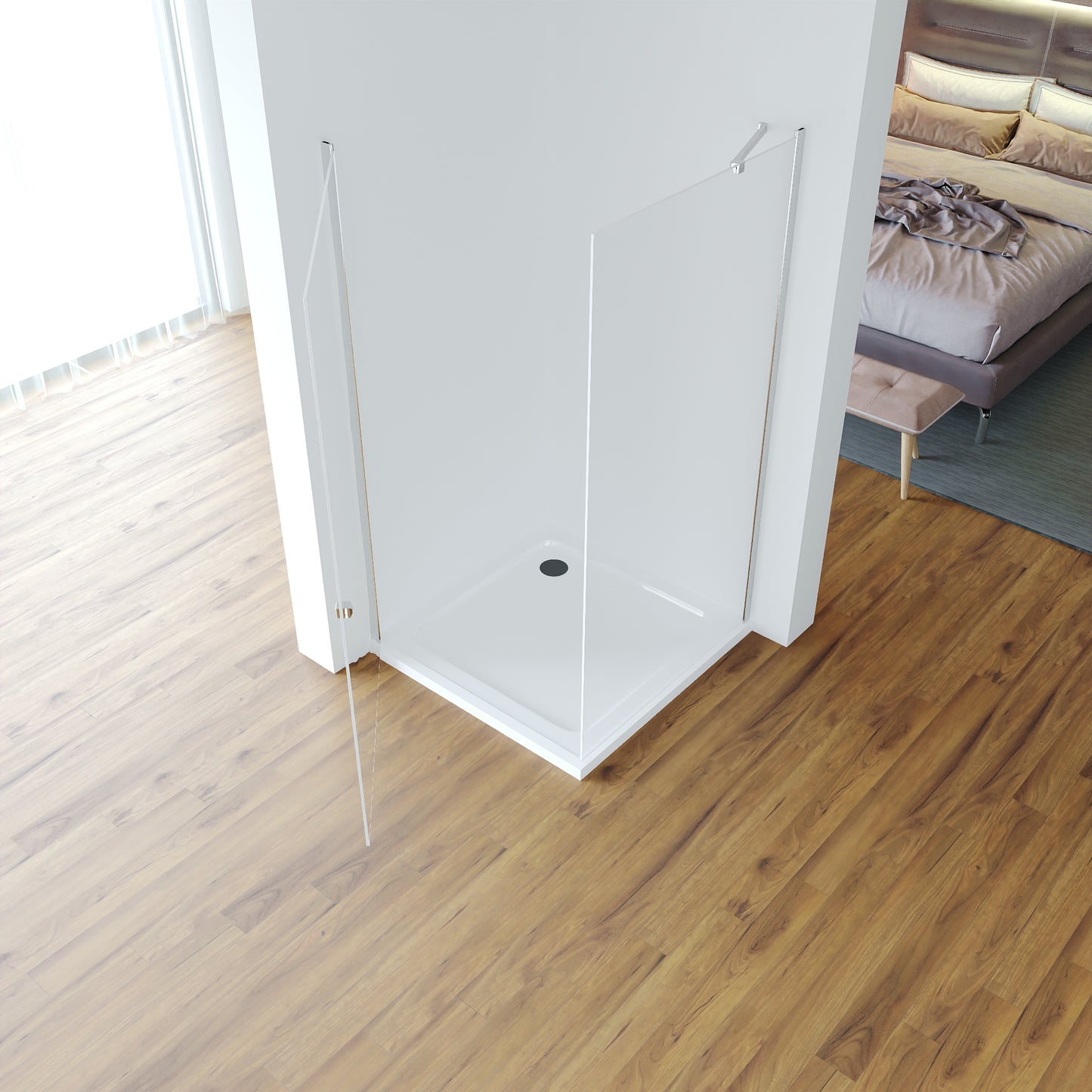 Geöffnete Duschkabine Yoshiko mit weitem Einstieg nach außen