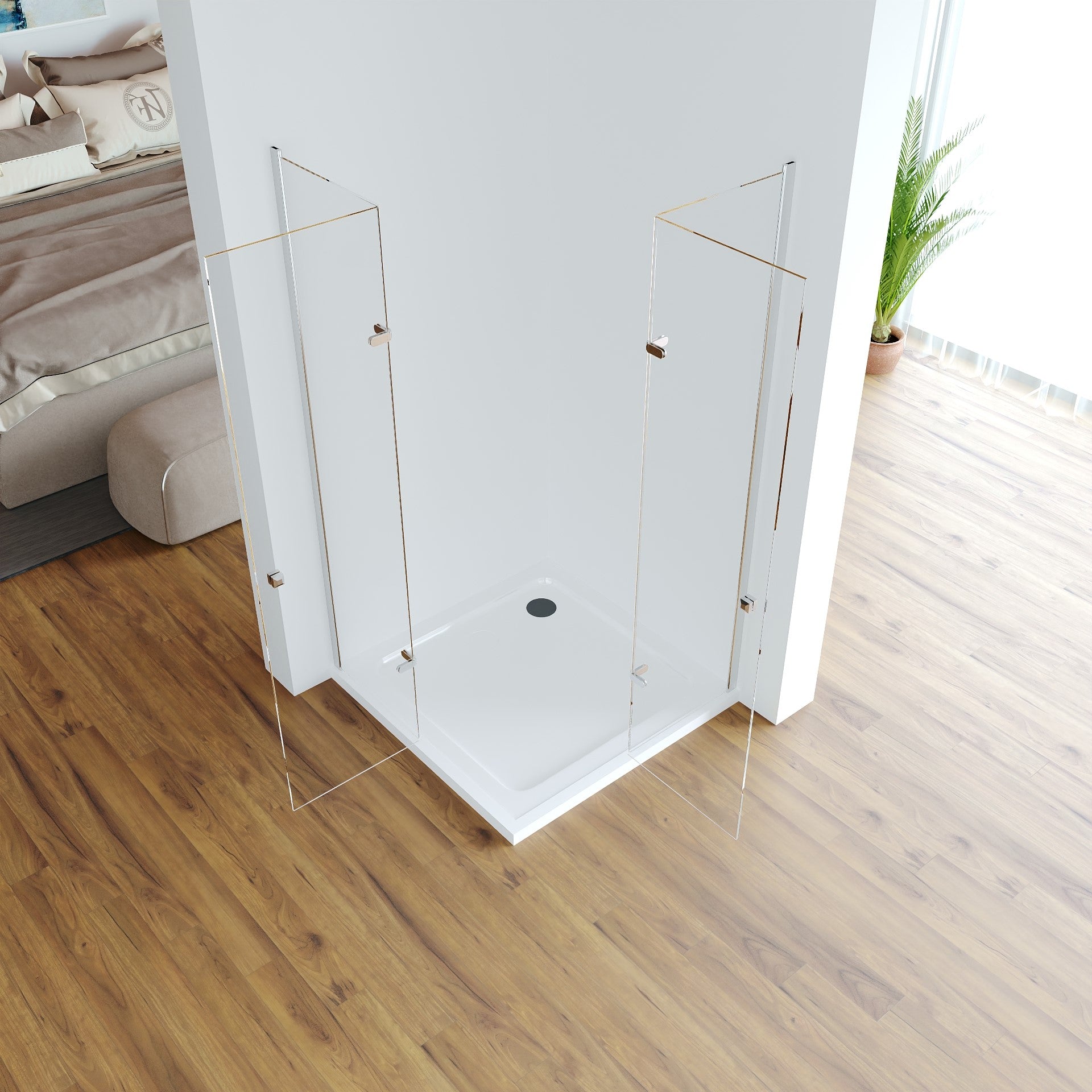 Weite Einstiegsöffnung: Dusche Akira mit nach außen gefalteten Glaselementen