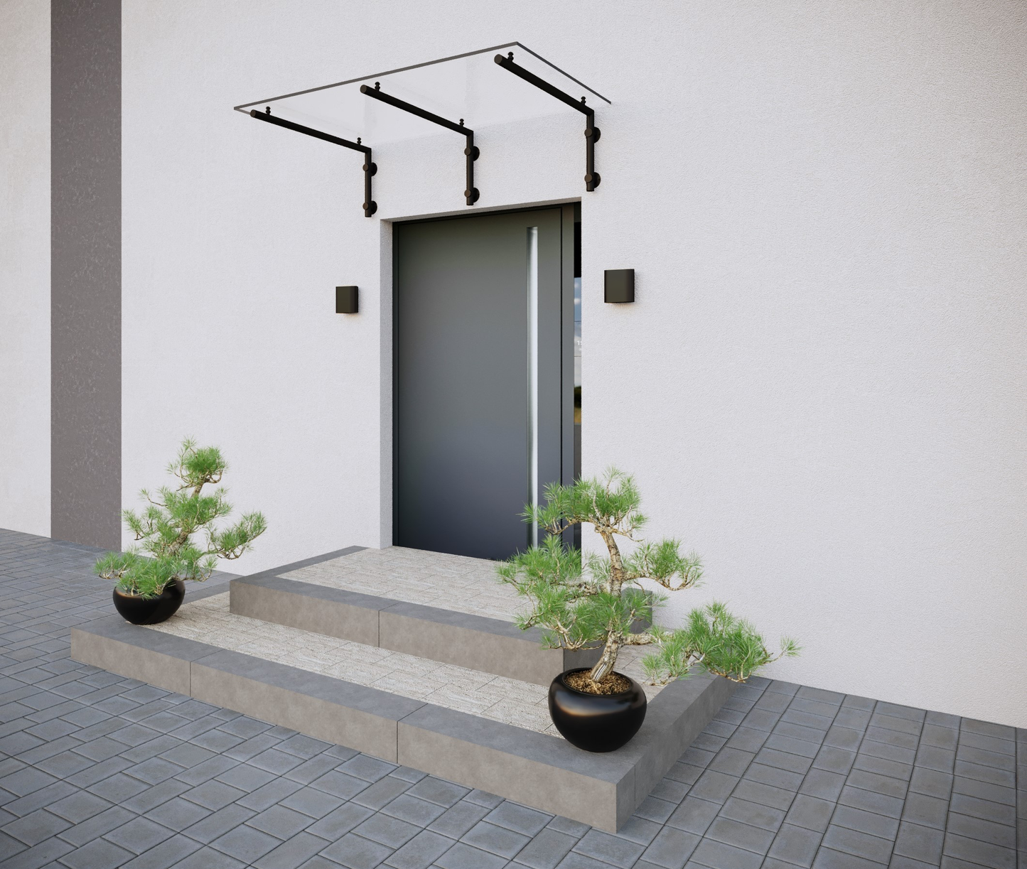 Custom-made clear glass canopy (laminated safety glass) – Configurable: Rome, Paris, Berlin, Athens, Stockholm