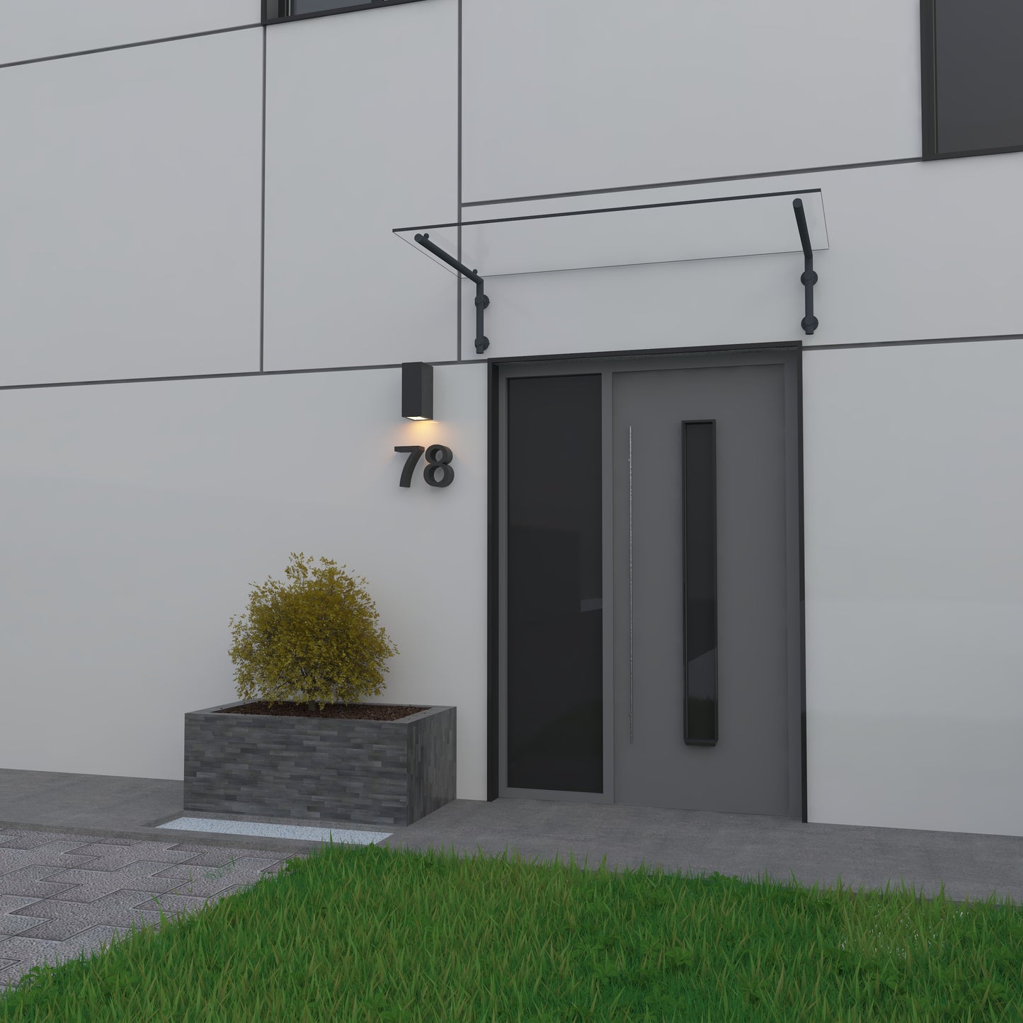 Custom-made clear glass canopy (laminated safety glass) – Configurable: Rome, Paris, Berlin, Athens, Stockholm