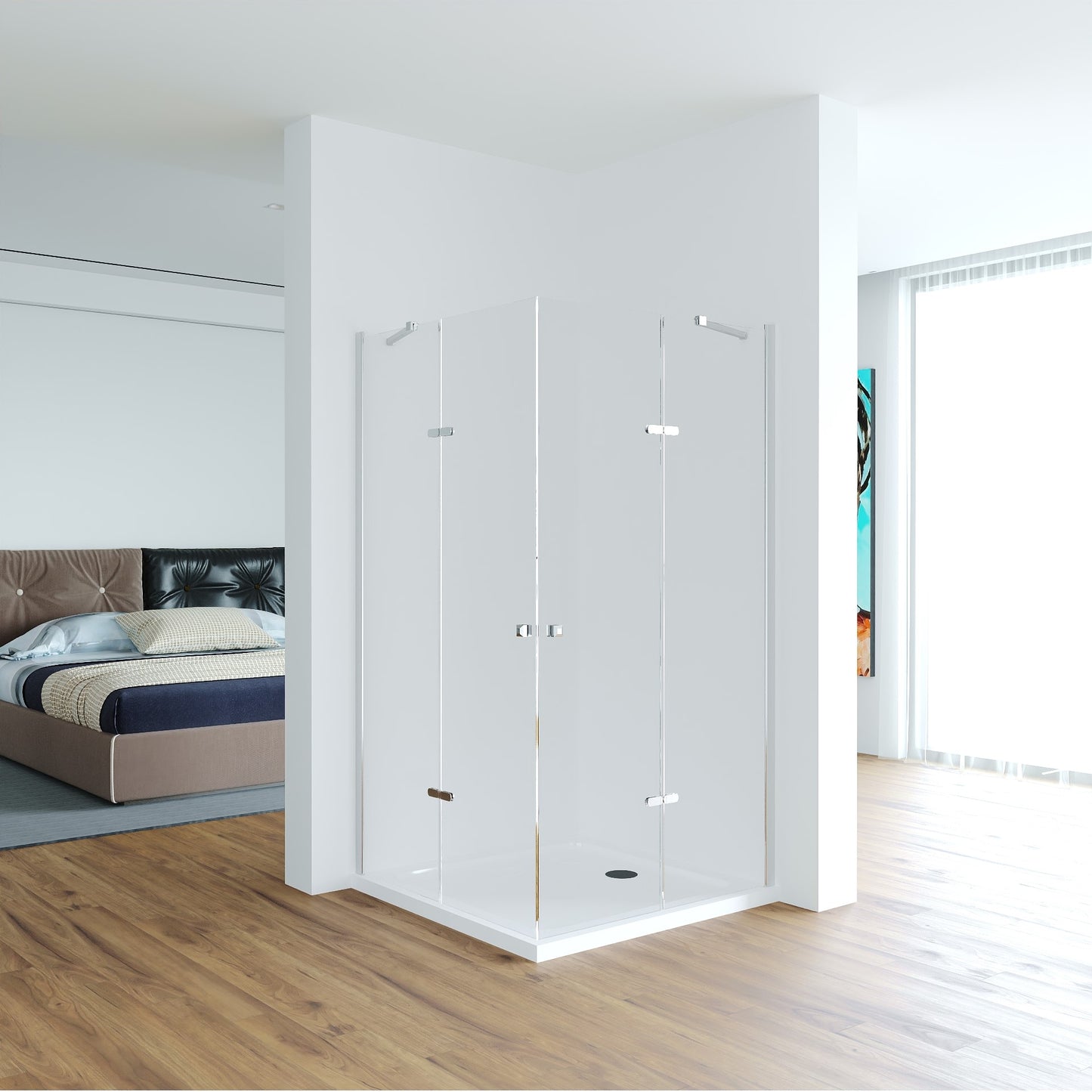 Eckdusche Mirai mit Festfeldern und geschlossenen Türen aus 8mm Klarglas