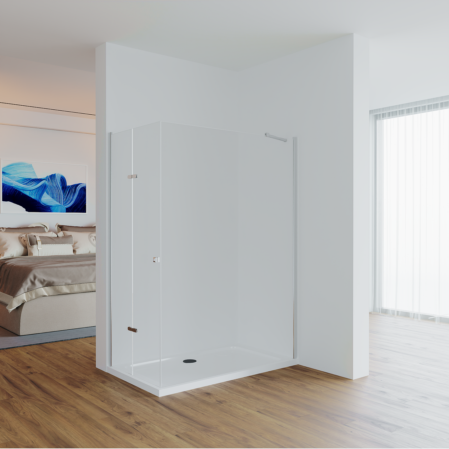 Eckdusche Shiori mit geschlossenen Pendeltüren aus 8mm Klarglas