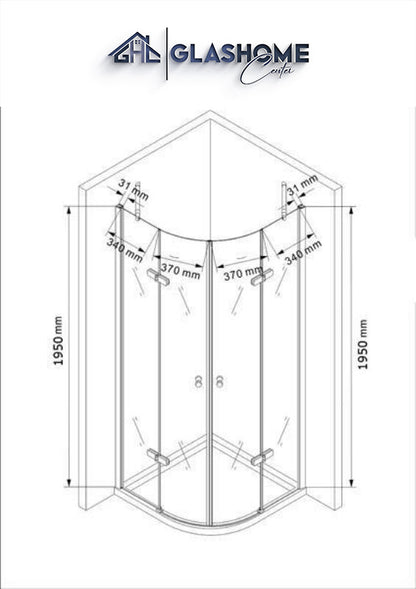 Maßzeichnung Viertelkreis Miyu 90x90 cm (Radius 55cm)