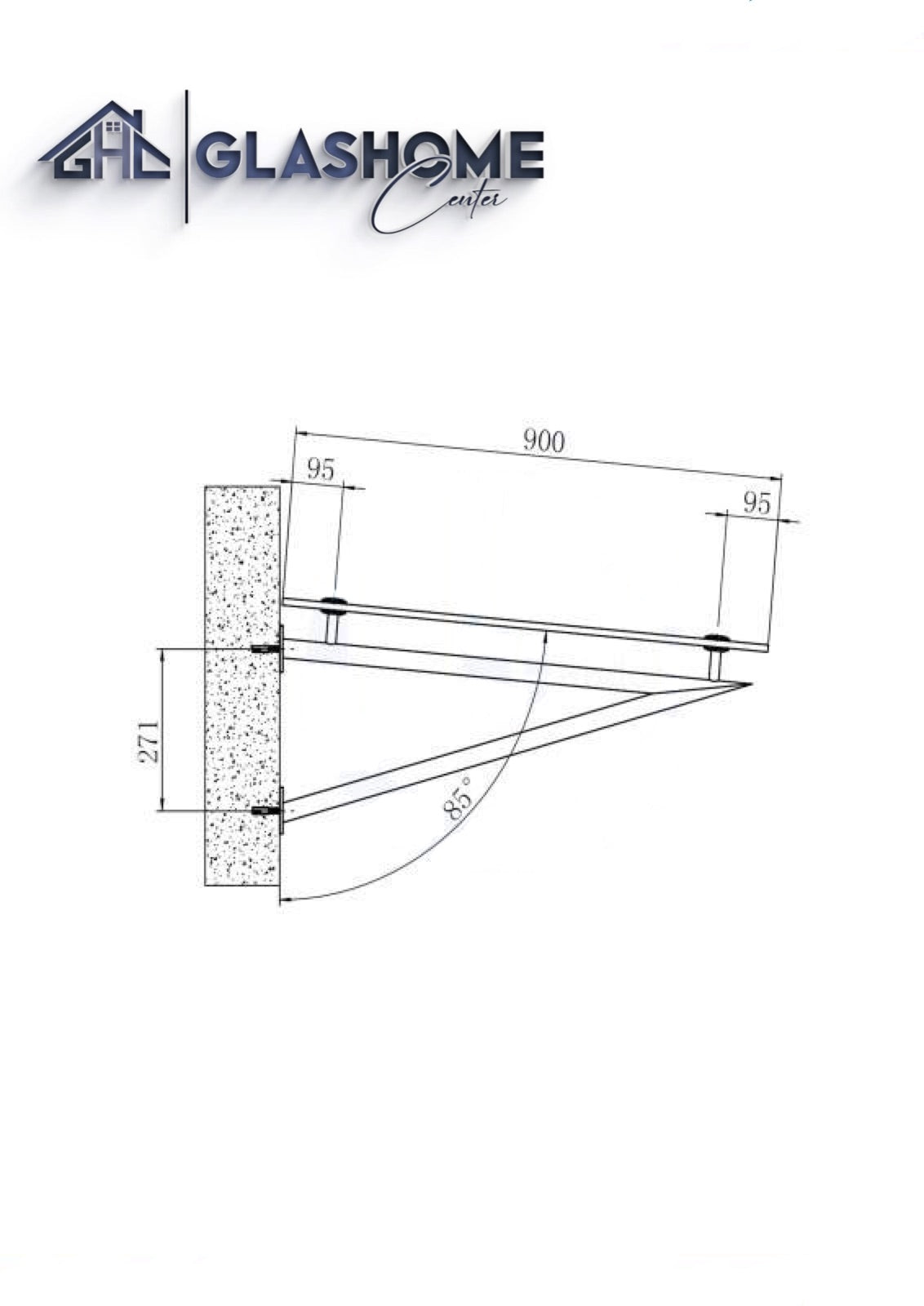 GlasHomeCenter Glasvordach 130x90 cm – Klarglas 13,1 mm VSG mit 2 anthrazit Edelstahlhalterungen Variante "Rom"