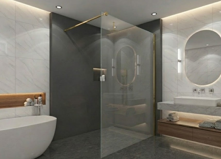 Luxus Walk-In Dusche Transparent mit goldenen Beschlägen und Stabilisator