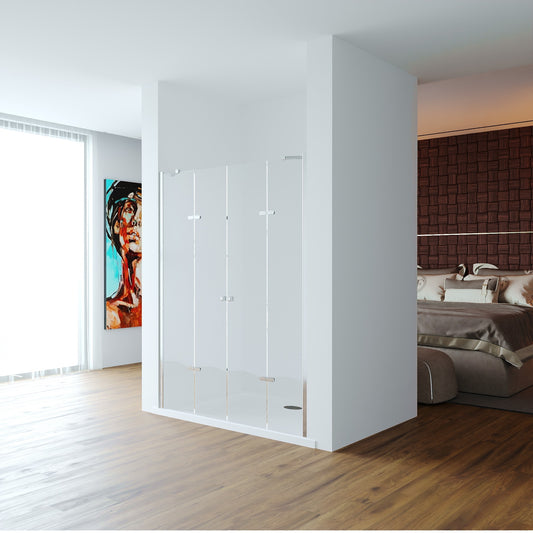 Nischendusche Utah Frontalansicht – Doppel-Drehtür mit zwei Festteilen aus 8mm Klarglas