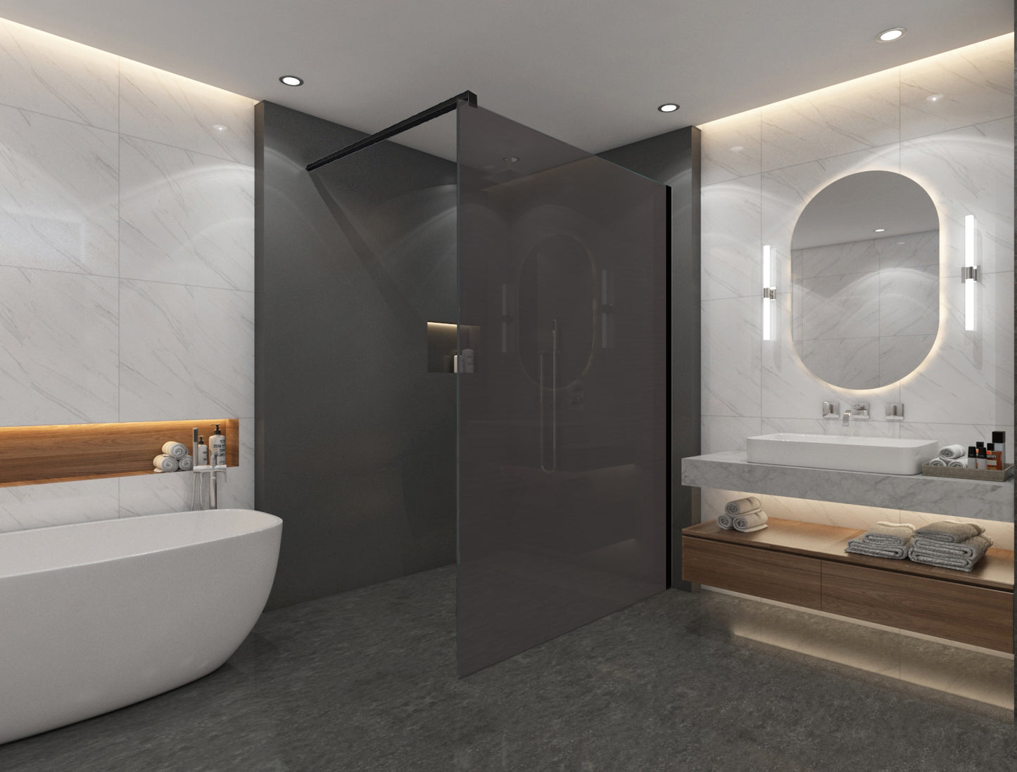 Walk-In Duschwand Grauglas 10mm mit schwarzem Profil – Modernes Rauchglas Design