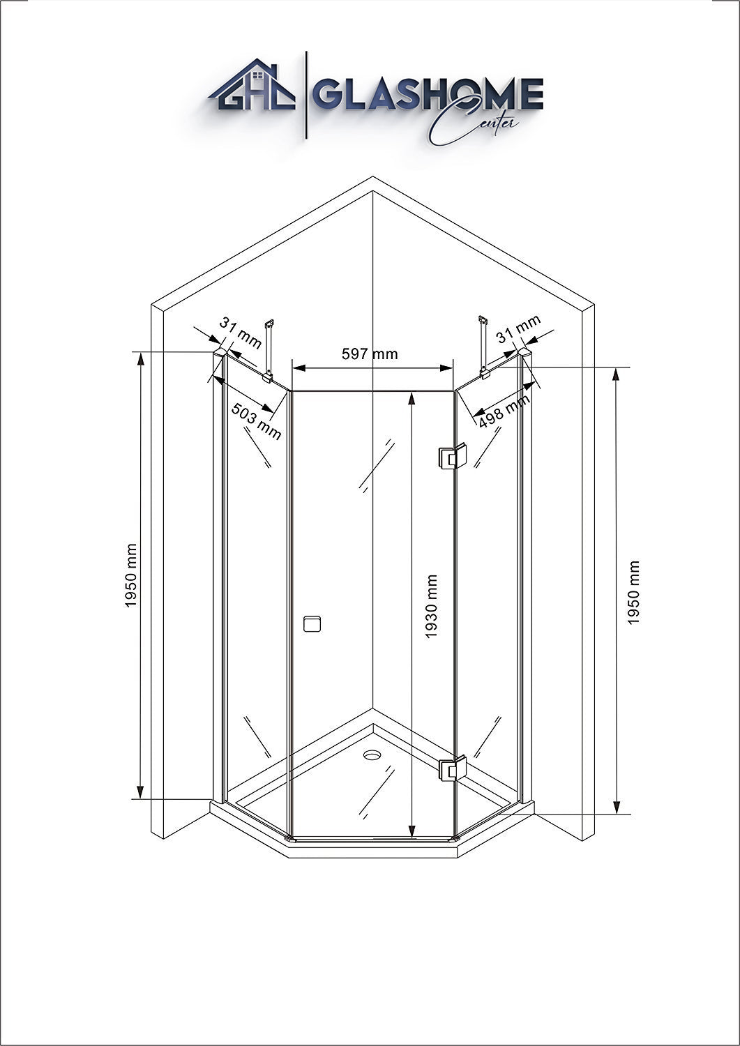 Technische Skizze der Duschkabine Cho mit den Maßen 100x100x195cm