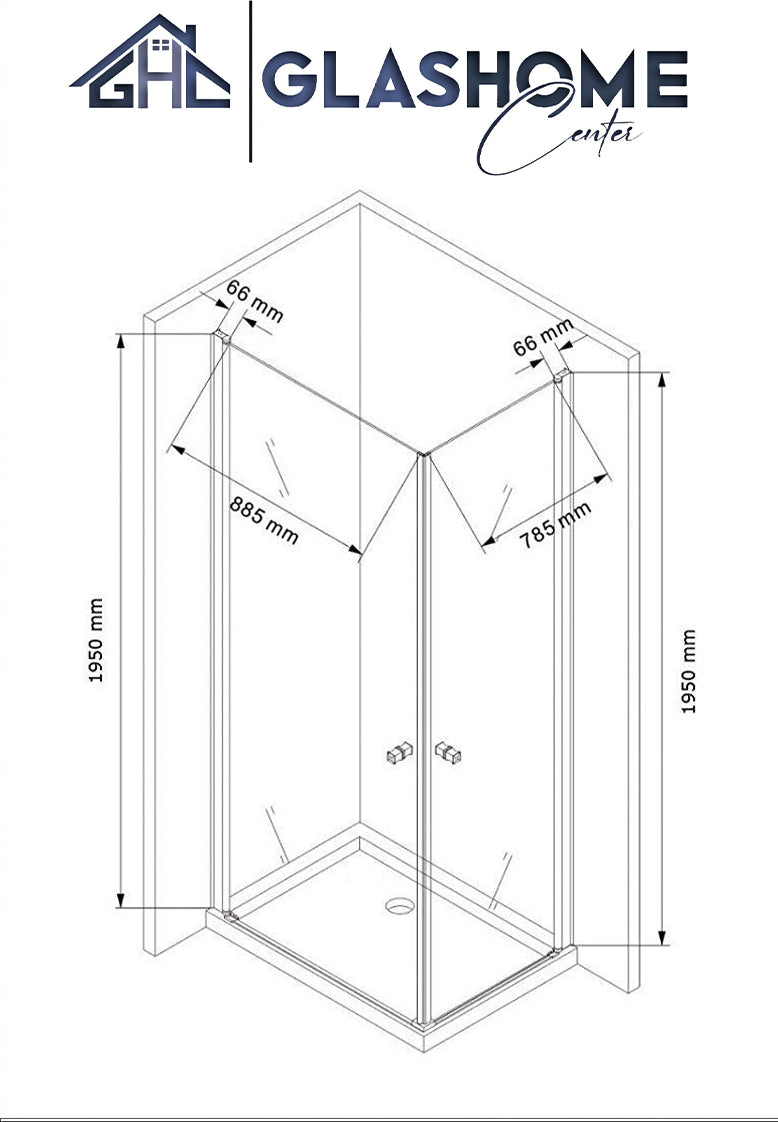 technische Skizze der Duschkabine Ichiro mit den Maßen 100x90x195cm