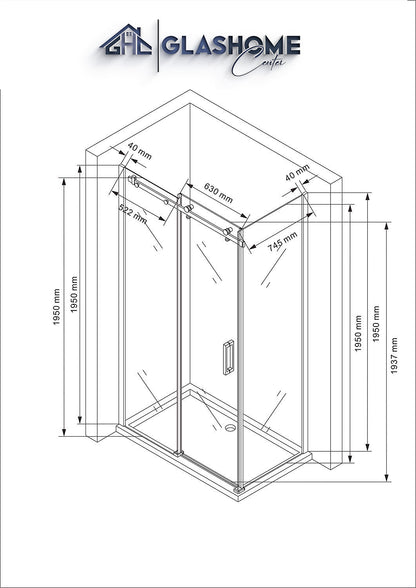 Technische Skizze der Duschkabine Sakura mit den Maßen 120x80x195cm