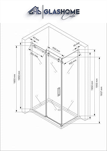 Technische Skizze der Duschkabine Sakura mit den Maßen 120x90x195cm