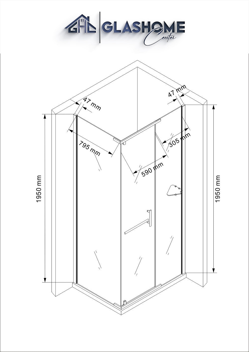 Technische Skizze der Duschkabine Kazumi mit den Maßen 100x90x195cm