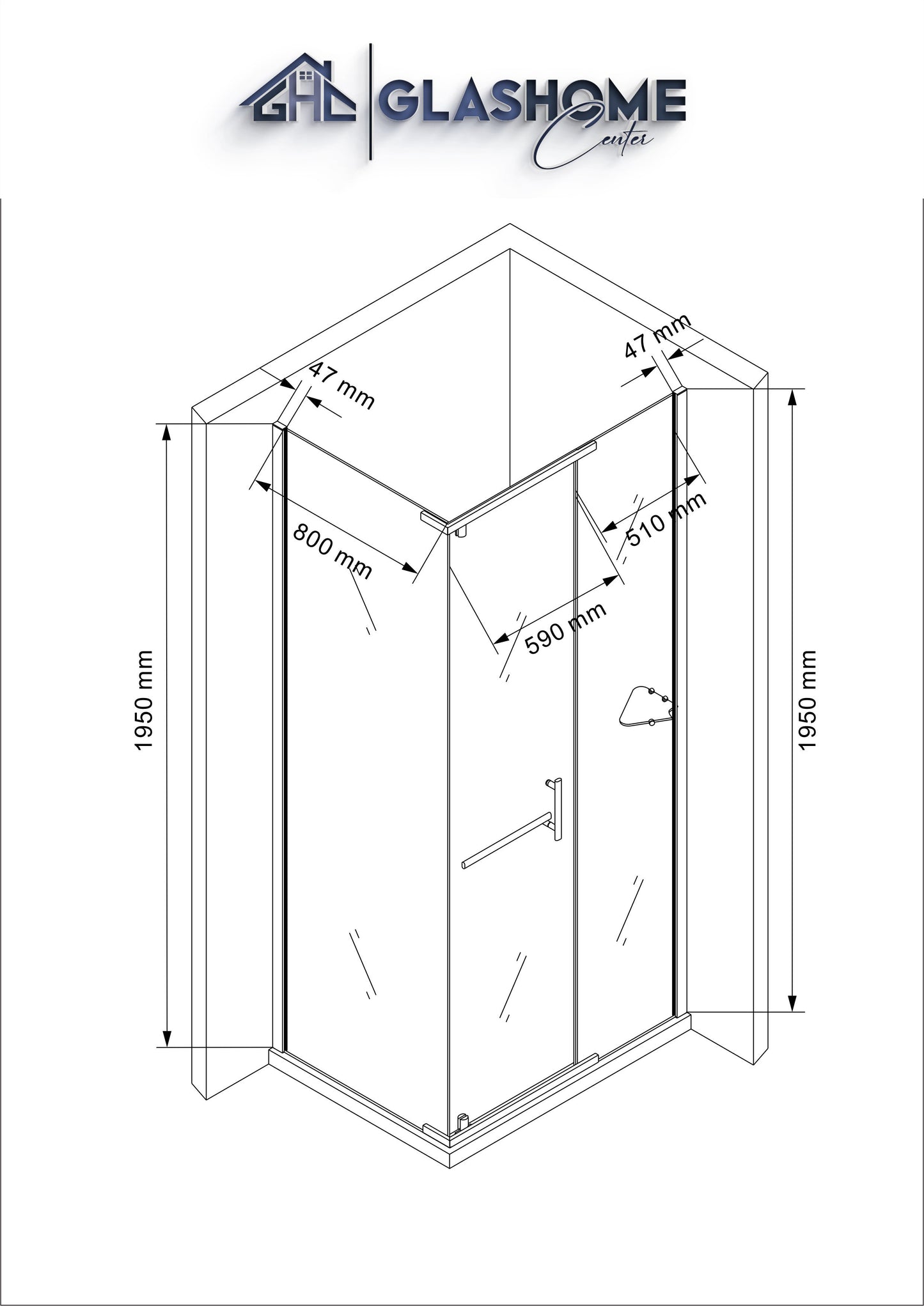 Technische Skizze der Duschkabine Kazumi mit den Maßen 120x90x195cm