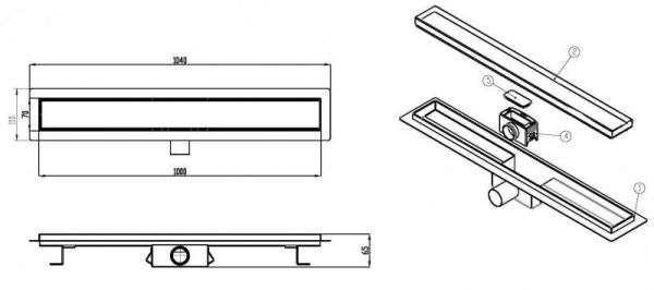 Technische Skizze der Befliesbaren Edelstahl Duschrinne mit den Maßen 60cm