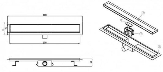 Technische Skizze der Befliesbaren Edelstahl Duschrinne mit den Maßen 90cm
