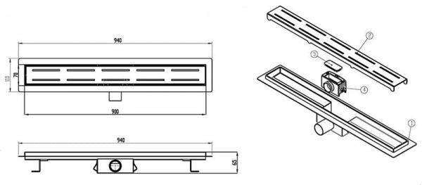 GlasHomeCenter - canaletta doccia in acciaio inox con doppia fessura - canaletta di scarico - 90cm