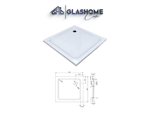 GlasHomeCenter - flache quadratische Duschtasse - 80x80x5cm - weiß