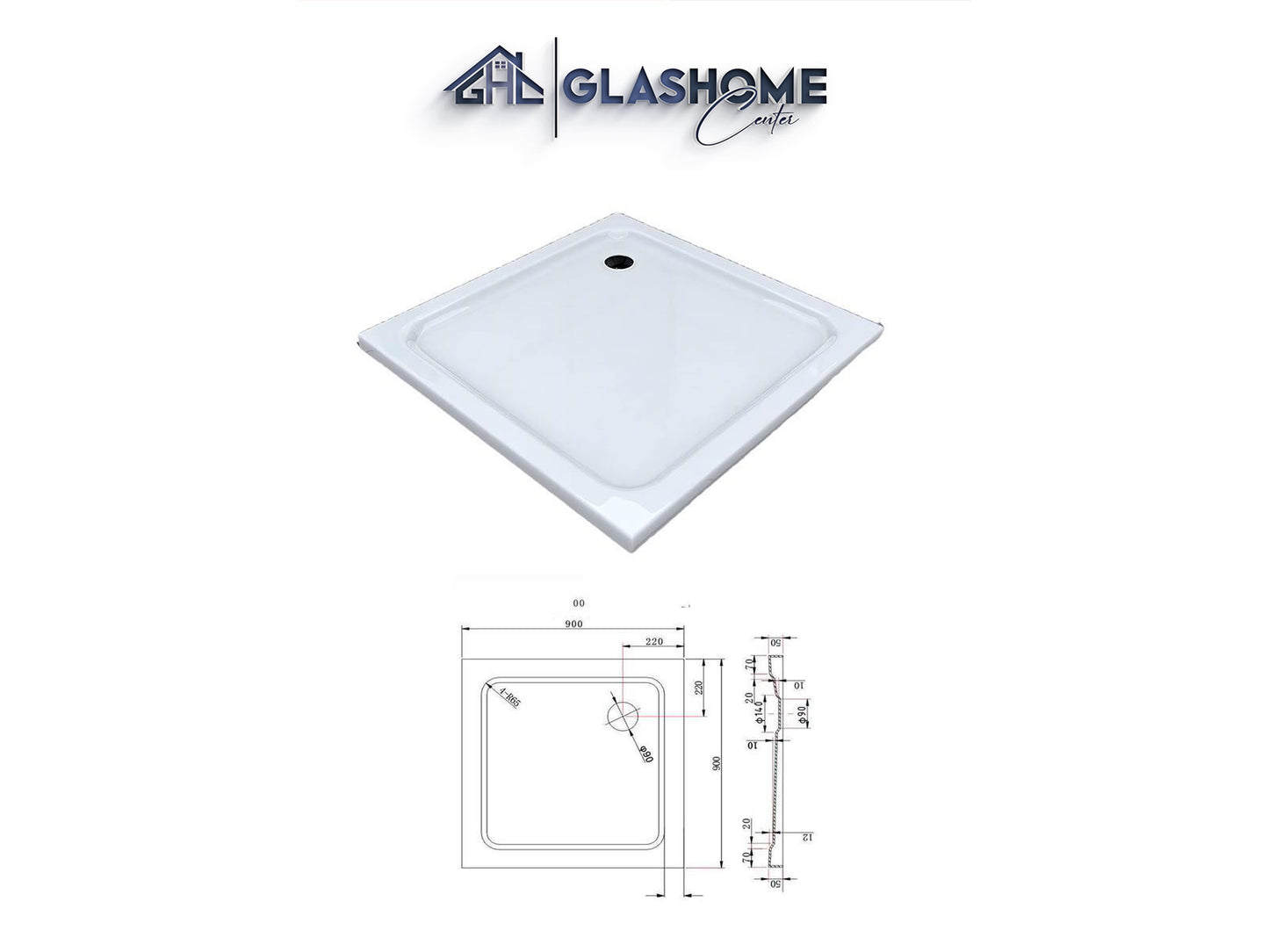 GlasHomeCenter - flat square shower tray - 90x90x5cm - white