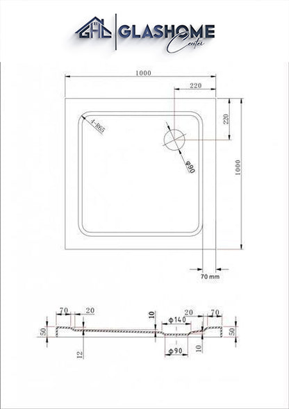 GlasHomeCenter - plato de ducha cuadrado plano - 100x100x5cm - blanco