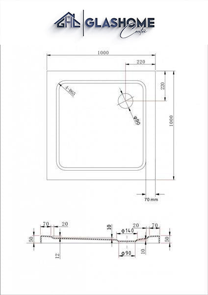 GlasHomeCenter - flat square shower tray - 100x100x5cm - white