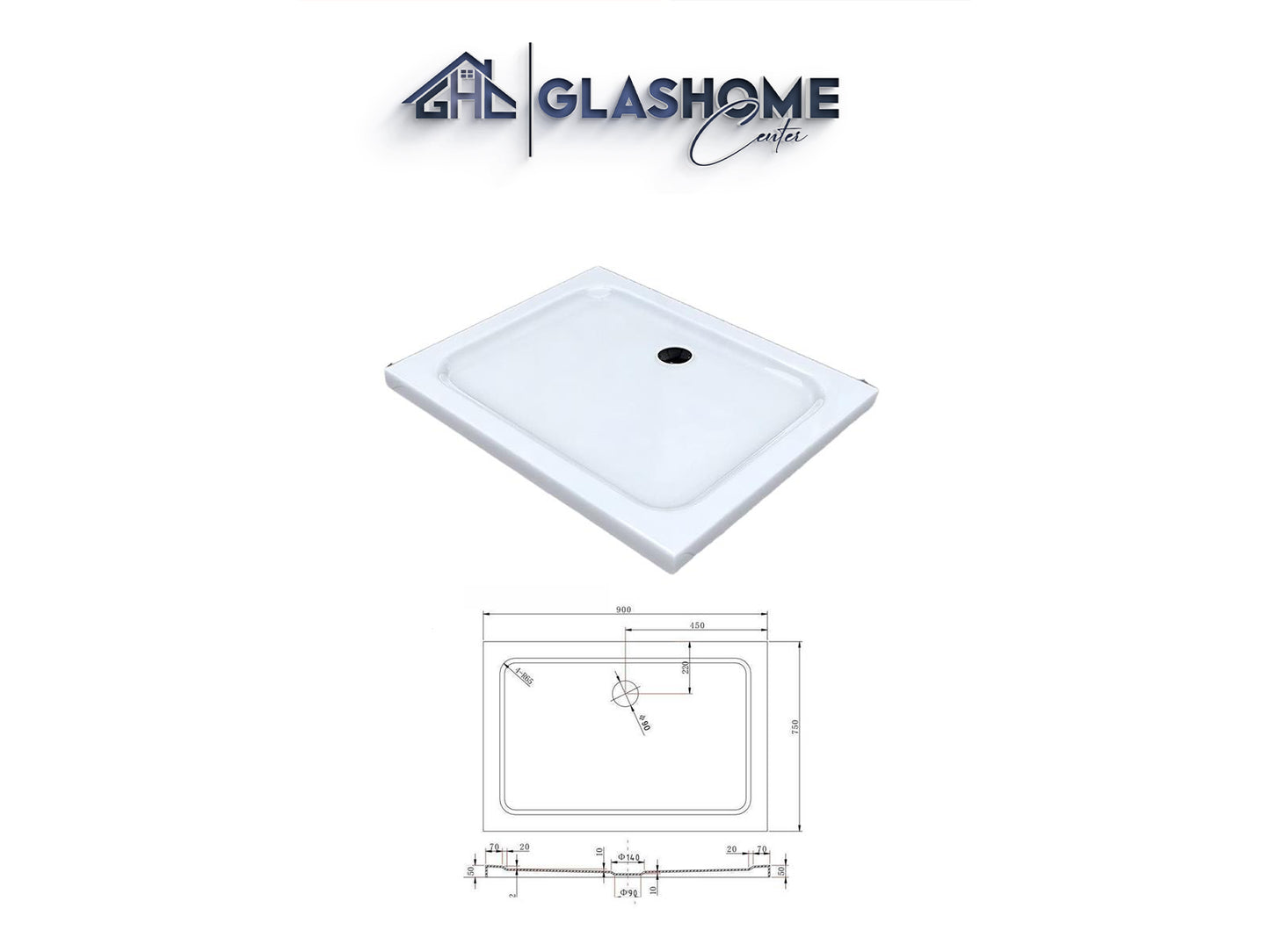 GlasHomeCenter - vlakke rechthoekige douchebak - 90x75x5cm - wit