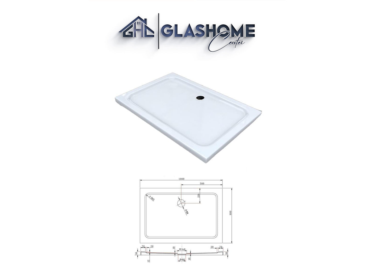GlasHomeCenter - flat rectangular shower tray - 100x80x5cm - white