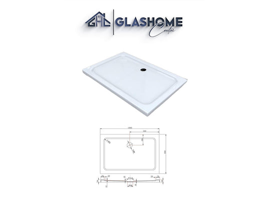 GlasHomeCenter - plato de ducha plano rectangular - 100x80x5cm - blanco