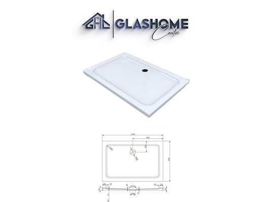 GlasHomeCenter - vlakke rechthoekige douchebak - 120x80x5cm - wit