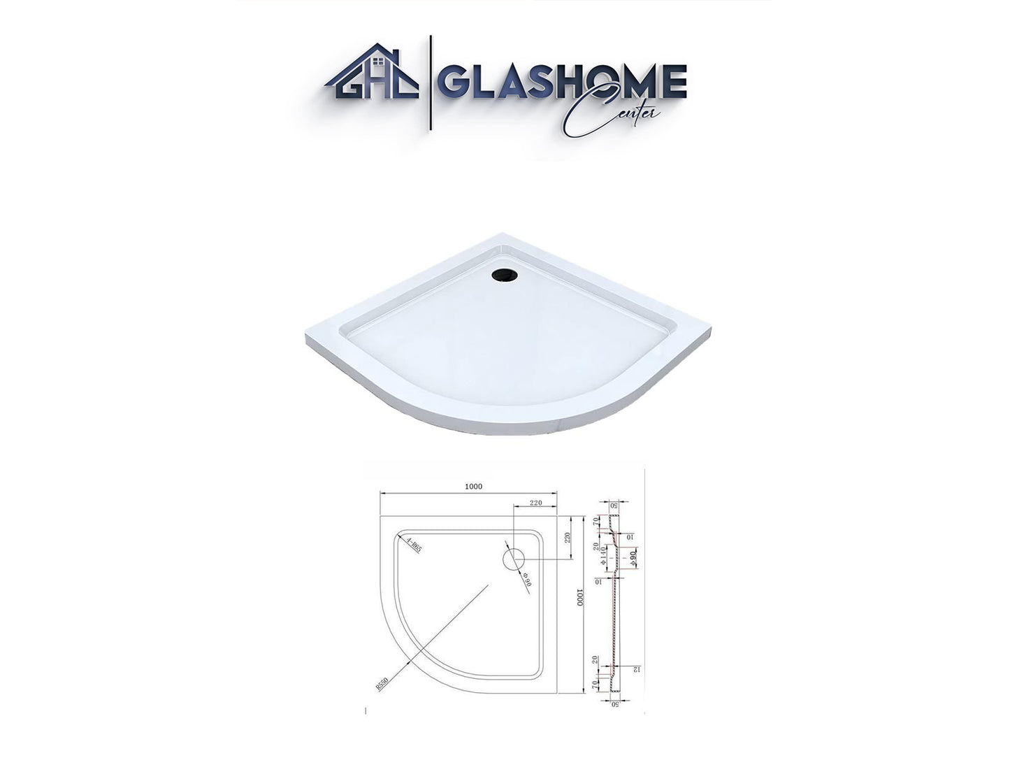 GlasHomeCenter - Quadrant shower tray with radius 55 - 100x100x5cm - white