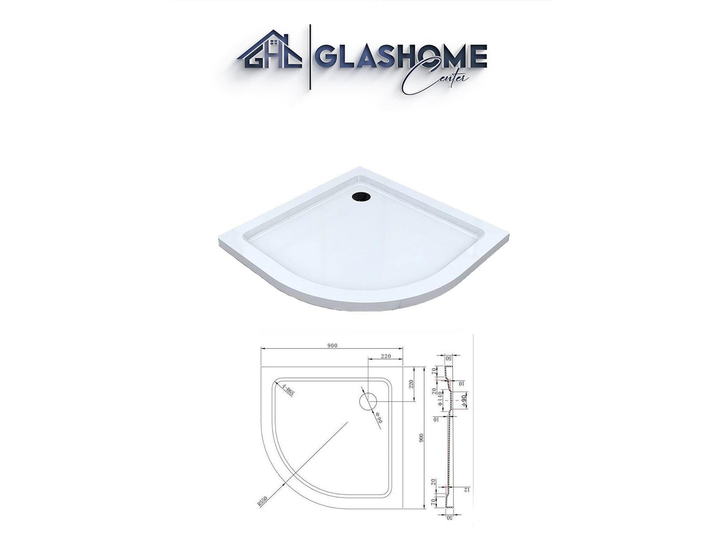 GlasHomeCenter - Kwadrant douchebak met radius 55 - 90x90x5cm - wit
