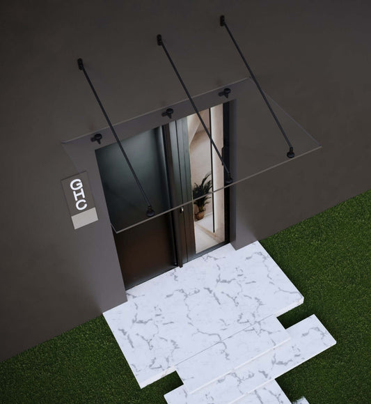 GlasHomeCenter - tettoia in vetro - vetro trasparente - 200x90 cm - vetro di sicurezza stratificato 13,1 mm - incl.3 staffe in acciaio inox nero variante "Paris"