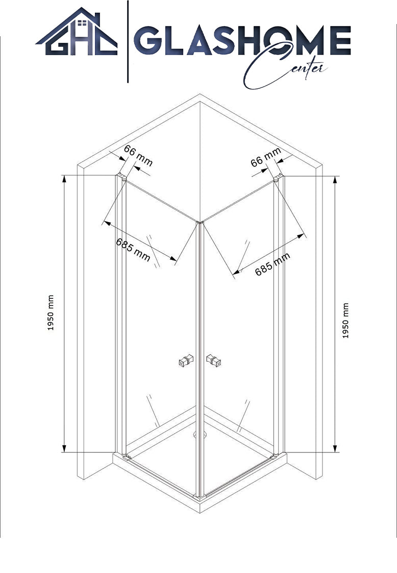 technische Skizze der Duschkabine Ichiro mit den Maßen 90x90x195cm