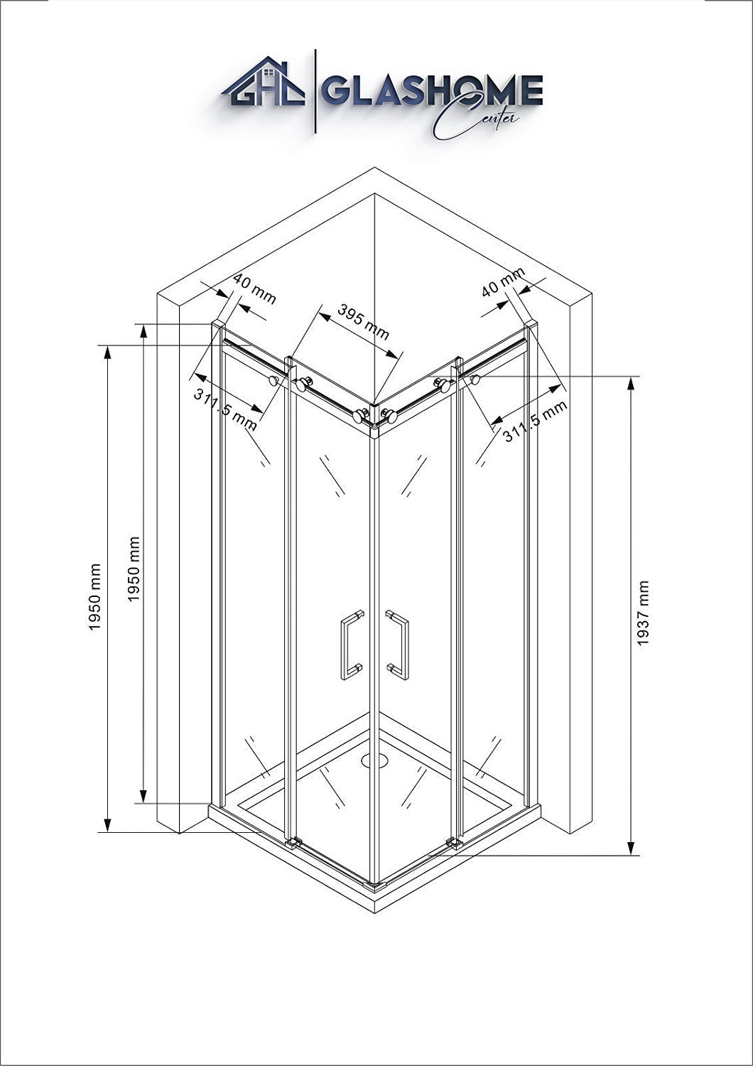 Technische Skizze der Duschkabine Katana mit den Maßen 80x80x195cm
