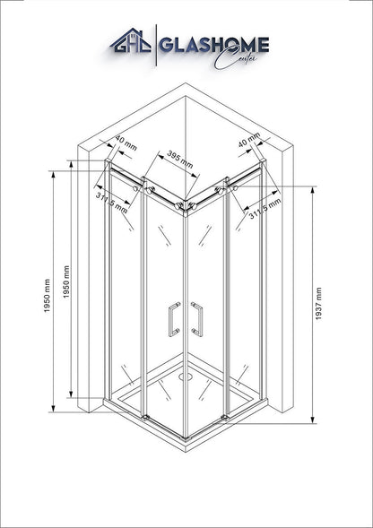 Technische Skizze der Duschkabine Katana mit den Maßen 80x80x195cm