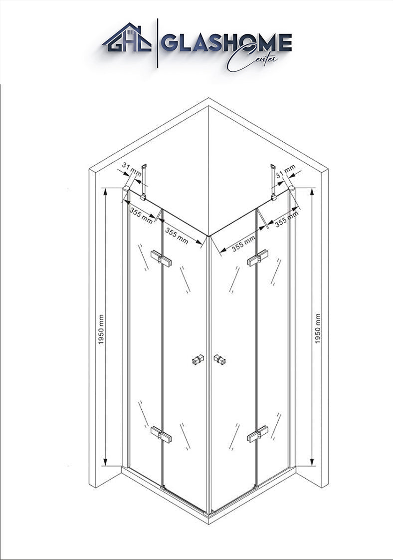 Technische Skizze der Duschkabine Mirai mit den Maßen 80x80x195cm