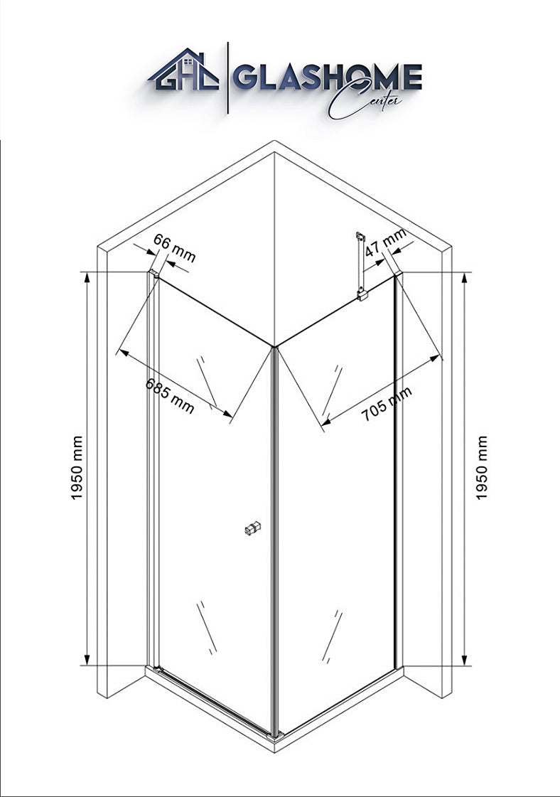 Technische Skizze der Duschkabine Yoshiko mit den Maßen 80x80x195cm