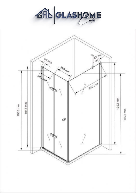 technische Skizze der Duschkabine Shiori mit den Maßen 100x90x195cm