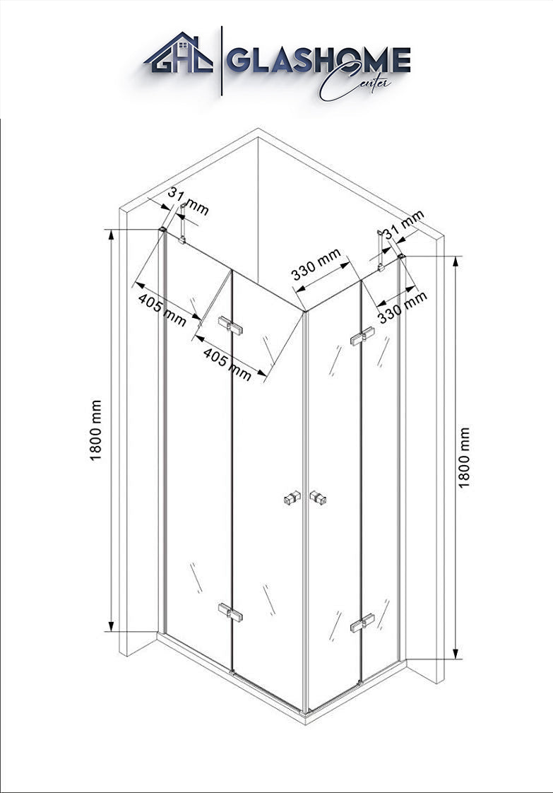Technische Skizze der Duschkabine Mirai mit den Maßen 90x75x180cm