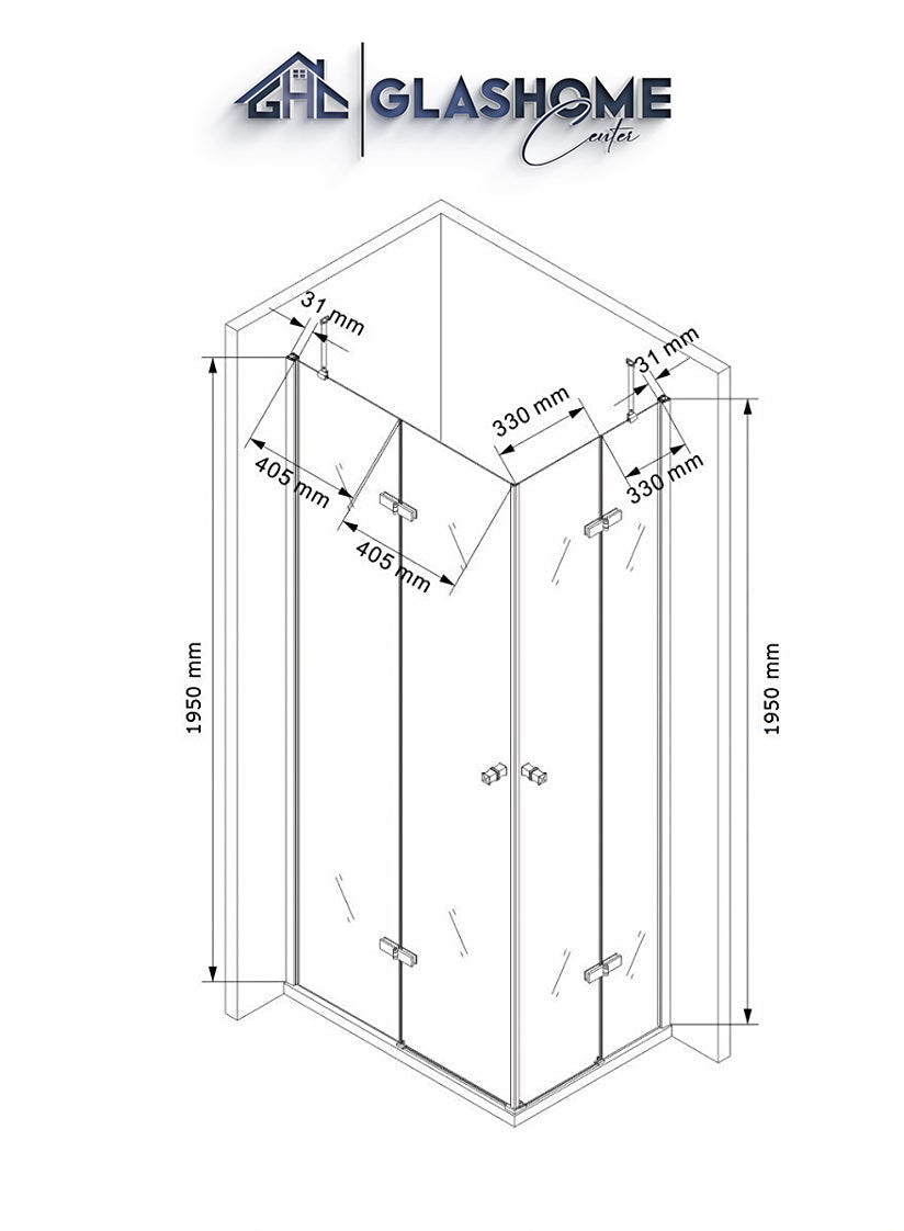 Technische Skizze der Duschkabine Mirai mit den Maßen 90x75x195cm
