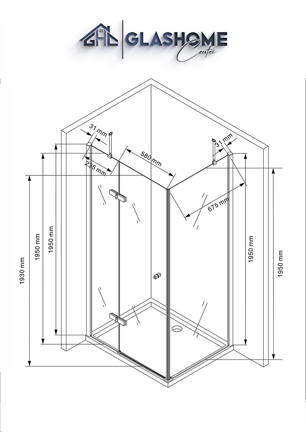 Technische Skizze der Duschkabine Airin mit den Maßen 90x75x195cm