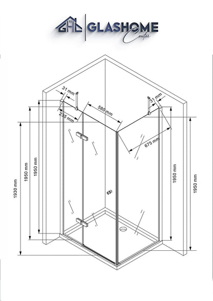 Technische Skizze der Duschkabine Airin mit den Maßen 90x75x195cm