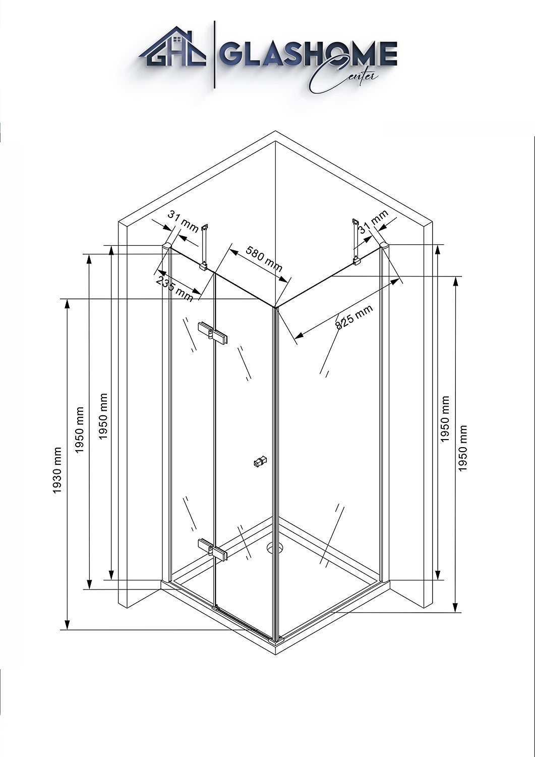 Skizze der Duschkabine Airin mit den Maßen 90x90x195cm