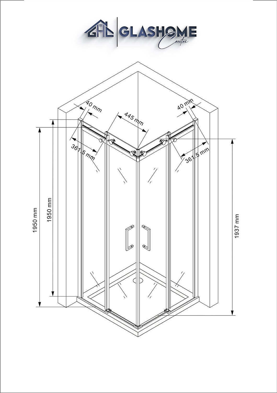 Technische Skizze der Duschkabine Katana mit den Maßen 90x90x195cm