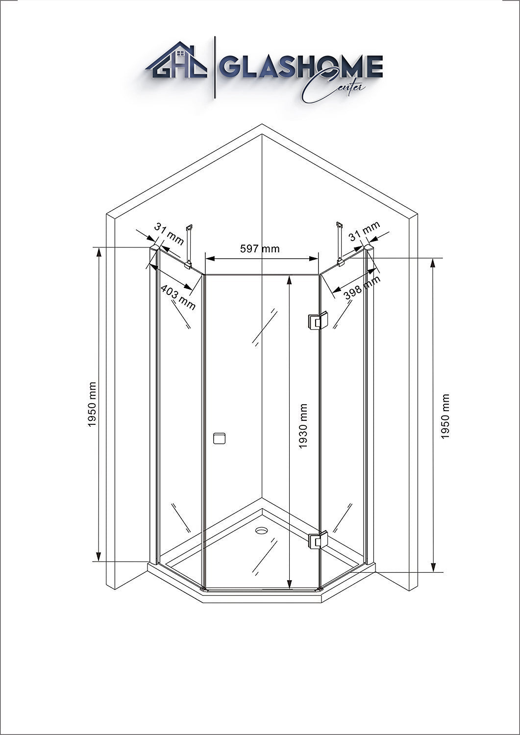 Technische Skizze der Duschkabine Cho mit den Maßen 90x90x195cm