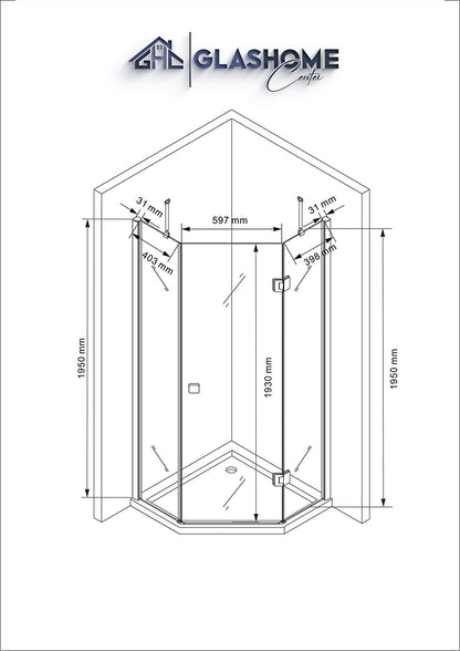 Technische Skizze der Duschkabine Cho mit den Maßen 90x90x195cm