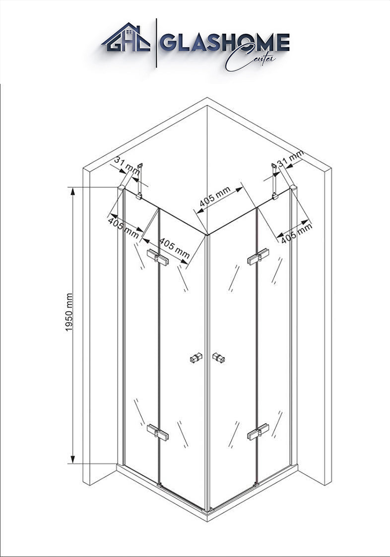 Technische Skizze der Duschkabine Mirai mit den Maßen 90x90x195cm